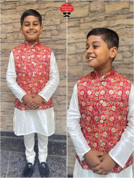 Red kurta pajama and koti set