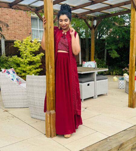 Maroon Lehenga with crop top and cape
