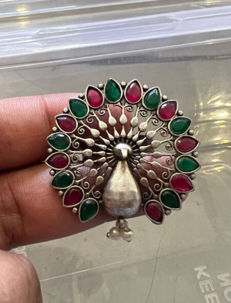 Red and Green Stone Oxidised Ring