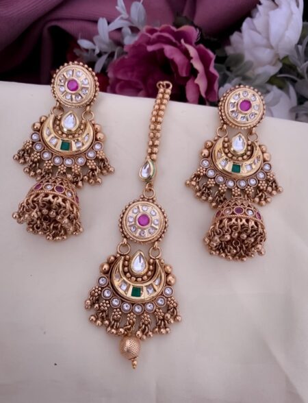 Brass Gold Earrings and Maang Tikka Set