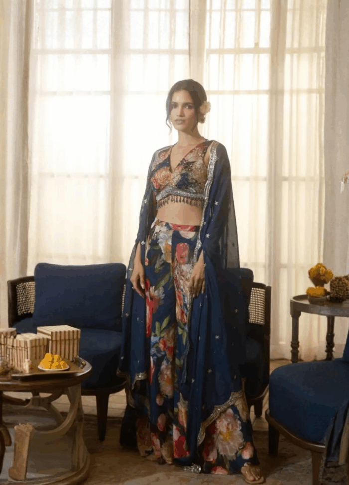 Floral Wide Pants and Top with a Stole