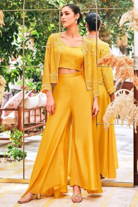 Yellow wide pants with embroiderd top and jacket