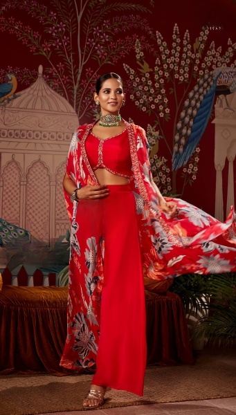 Red Pants And Top With Beautiful Cape