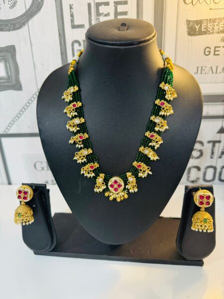 Premium Quality Kundan Necklace Set With Green Beads
