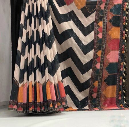 Black and White Striped Georgette Saree