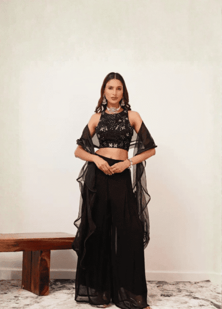 Black Silver Embellished Crop Top with Wide Pants