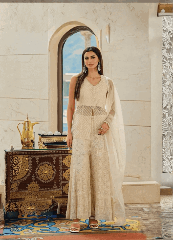 Handwork Crepe Crop Top, Asymmetrical Skirt and Shrug