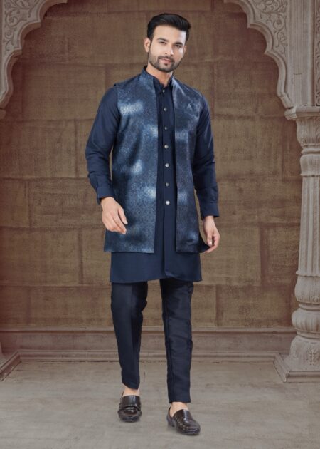 Jacquard silk kurta pajama and waist coat set