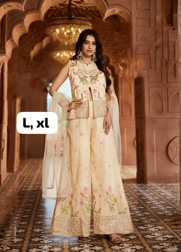 Floral Embroidered Silk top with Palazzo and Stole