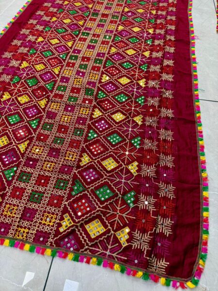 Dark Red Mirror embroidered dupattas with tassels