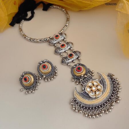 Dual tone moon shaped oxidised necklace set with earrings