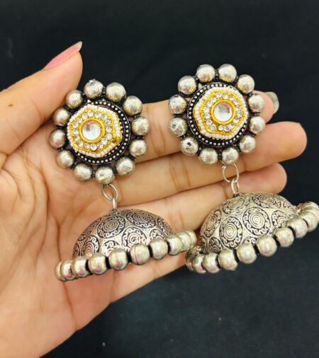 Kundan stone oxidised jhumka earrings
