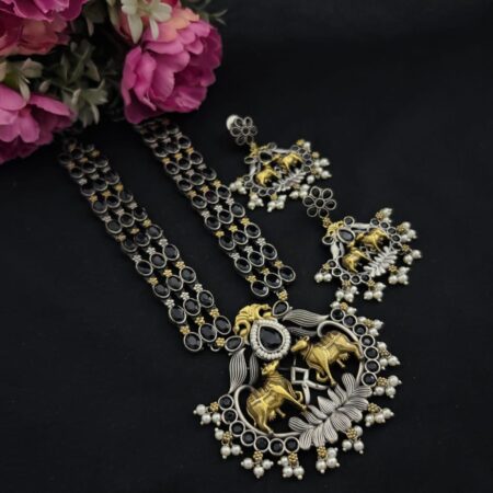 Dual tone long necklace set with earrings