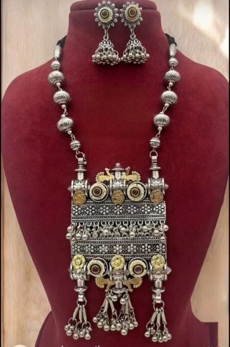 Dual tone red stone oxidised necklace set with earrings
