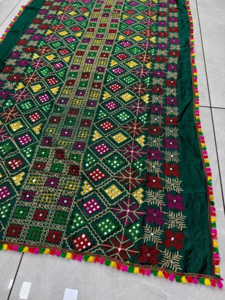 Green Mirror embroidered dupattas with tassels