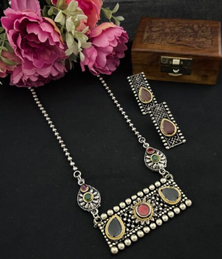 Dual tone green and red stone oxidised necklace set with earrings