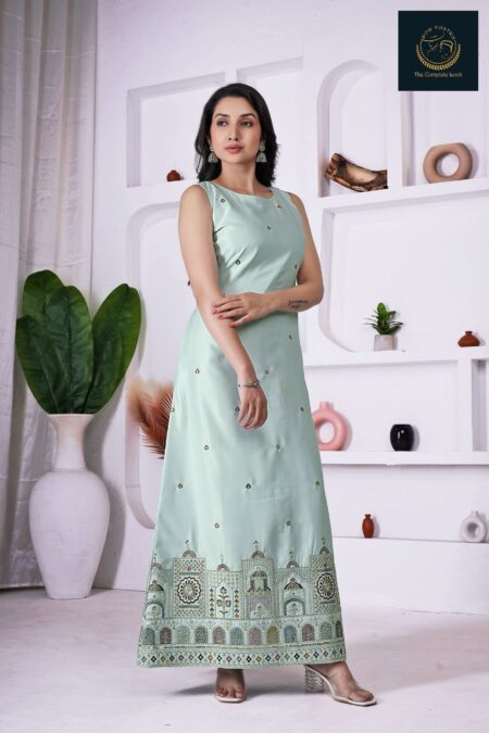 Elegant Silk Gown with Dull Gold Embroidery