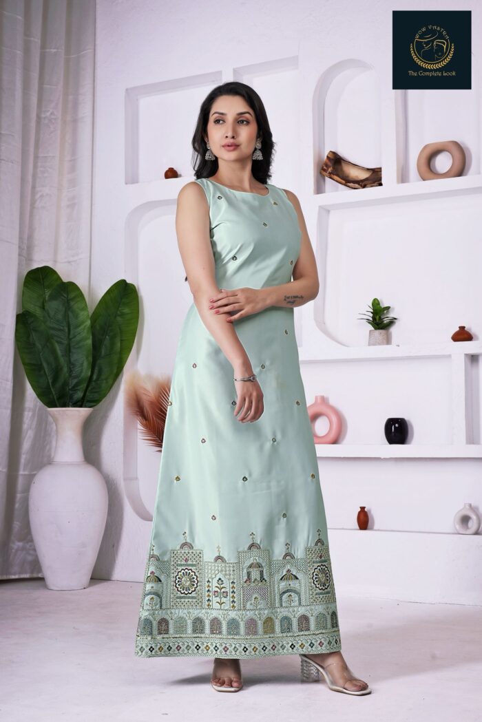 Elegant Silk Gown with Dull Gold Embroidery