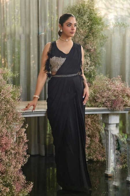 Black Chinon ready to wear saree