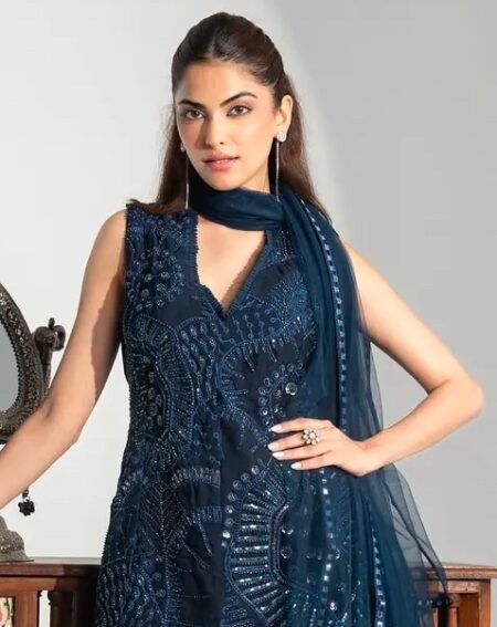 Blue georgette top and sharara set with dupatta