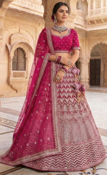 Velvet rani pink Lehenga choli and dupatta