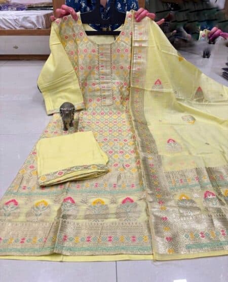 Pastel yellow dola silk kurti pant and dupatta set